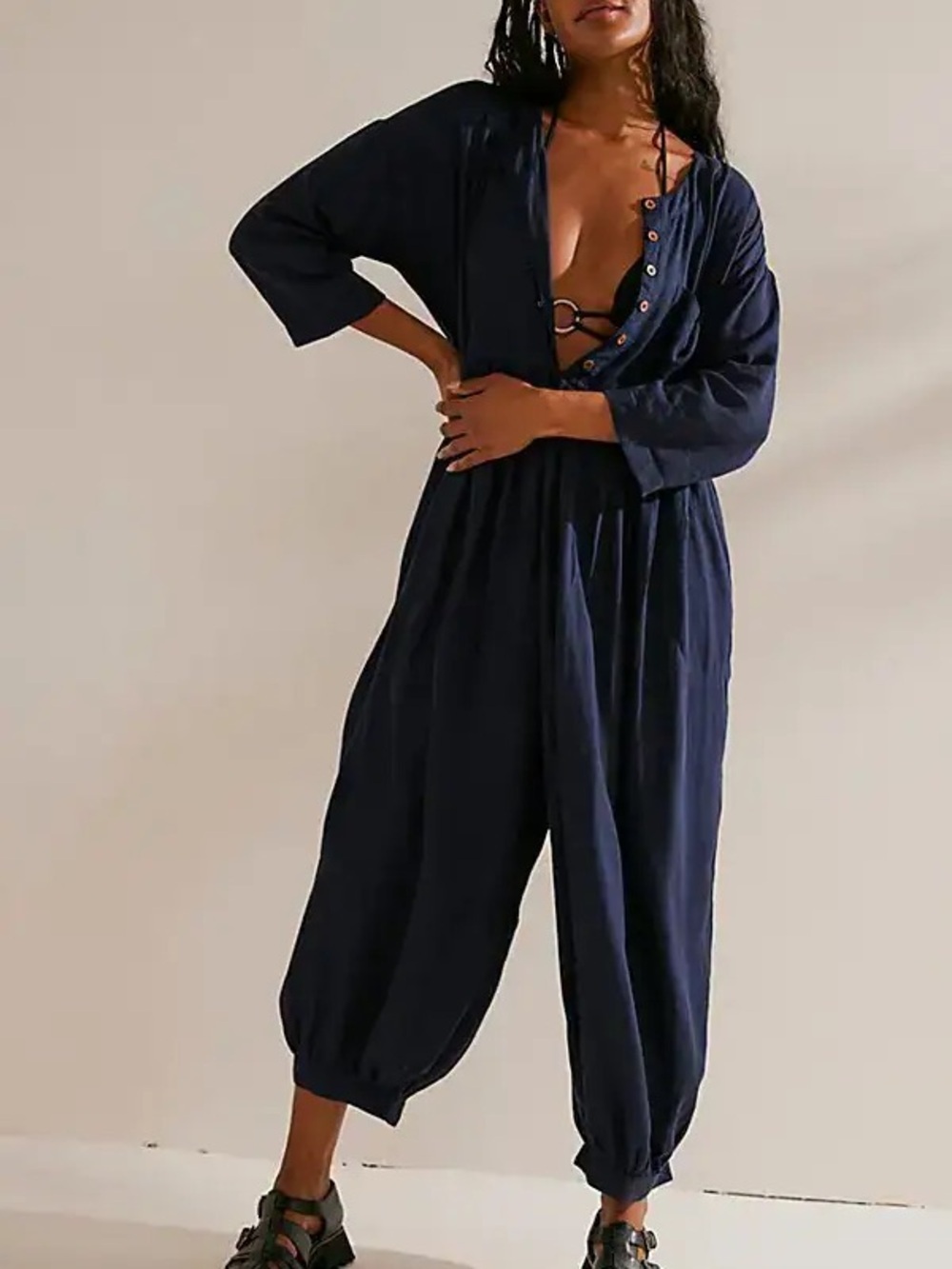 Free People Calsi Jumpsuit Navy Blue Size Small Lightweight Peasant Linen Blend